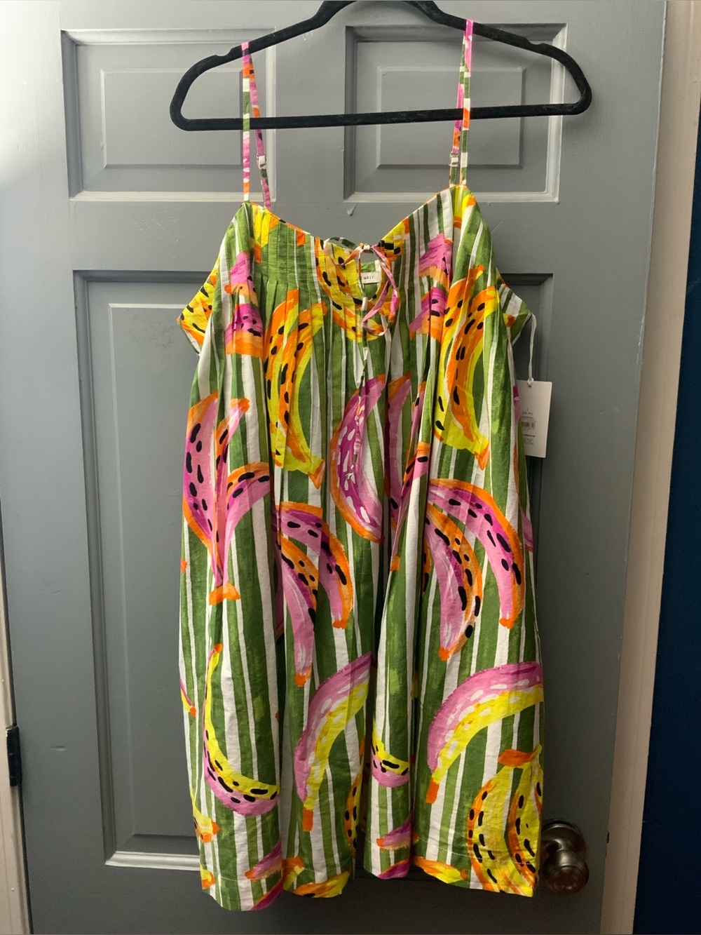 Striped Tropical Print Sundress in Green, Pink & Yellow